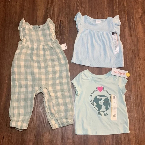 Cat & Jack Baby Girl’s 3-Piece Shirts, Romper Bundle 12 Months - Picture 1 of 14